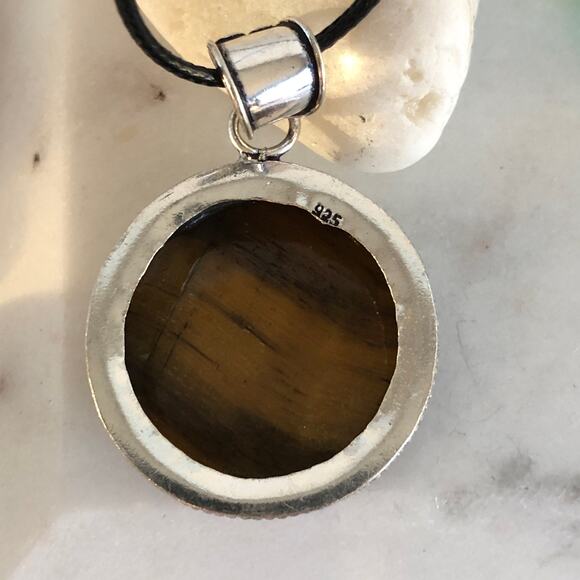 925 Sterling  Round Tiger Eye Pendant - Picture 5 of 6